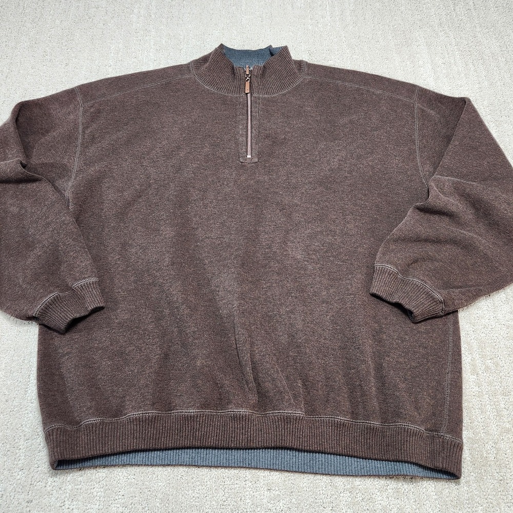 Tommy Bahama Mens Reversible Quarter Zip Pullover Sweater Brown Gray Cotton XL